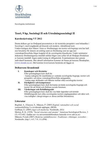 Teori, 9 hp, Sociologi II och Utredningssociologi II - Sociologiska ...