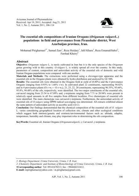 The essential oils compositions of Iranian Oregano (Origanum ...