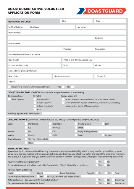 coastguard active volunteer application form - Coastguard Northern ...