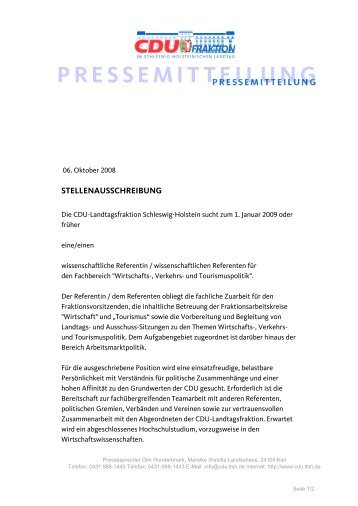 STELLENAUSSCHREIBUNG - CDU-Landtagsfraktion