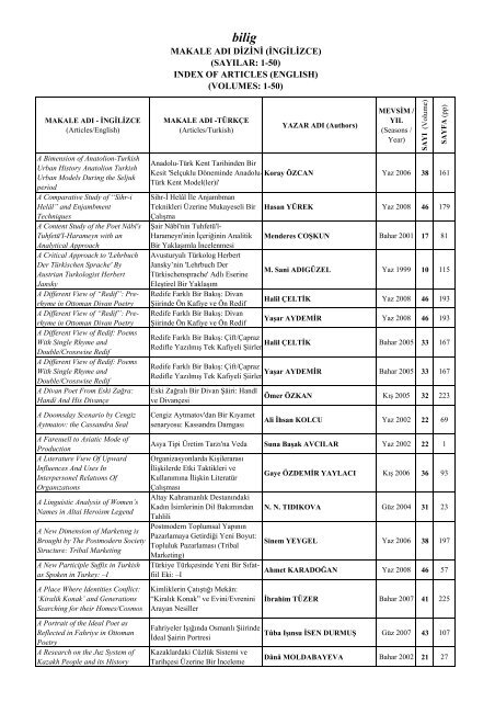 MAKALE ADI DÄ°ZÄ°NÄ° (Ä°NGÄ°LÄ°ZCE) (SAYILAR: 1-50) INDEX OF ... - Bilig