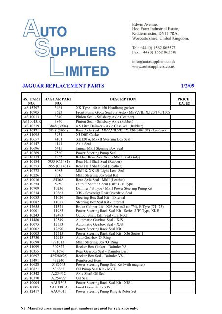 JAGUAR REPLACEMENT PARTS 1 2 09 Auto Suppliers Ltd