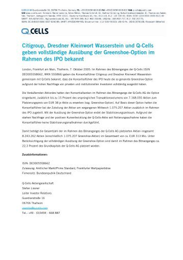 Citigroup, Dresdner Kleinwort Wasserstein und Q-Cells geben ...