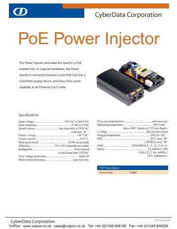 CyberData PoE Injector Datasheet (PDF)