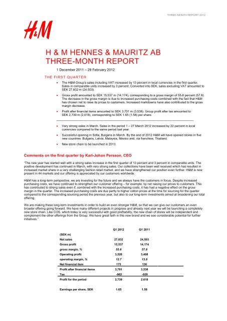 H &amp; M Hennes &amp; Mauritz AB Three-month Report - About H&amp;M