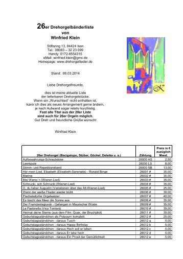 26er Drehorgelbänderliste von Winfried Klein - drehorgellieder.de