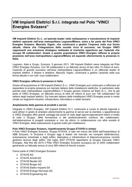 VM Impianti Elettrici S.r.l. integrata nel Polo “VINCI Energies ... - Etavis