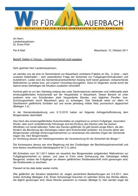 An Herrn Landeshauptmann Dr. Erwin PrÃ¶ll Per E-Mail Mauerbach ...