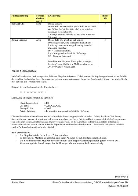 Elsteronline-Portal Benutzeranleitung Csv-Format der Import-Datei ...