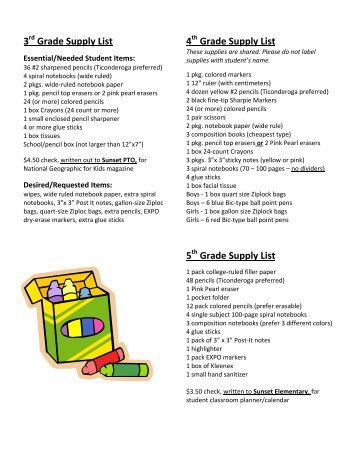 Sunset School Supply List - Evergreen Public Schools