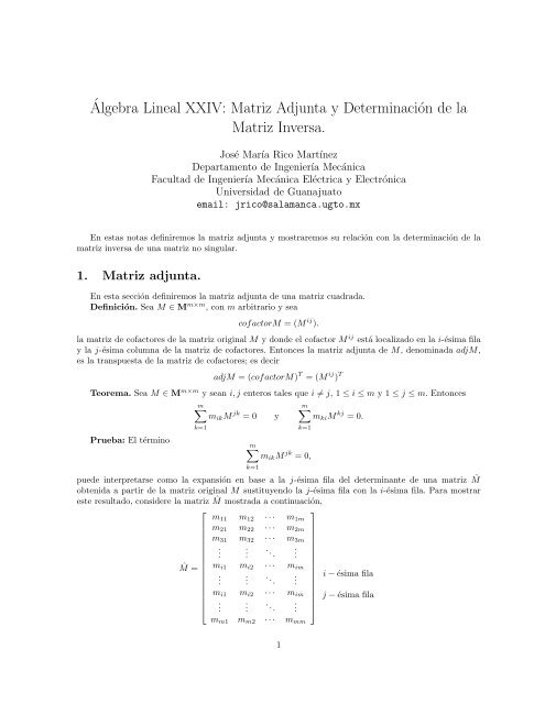 Matriz Adjunta y Determinación de la Matriz Inversa.