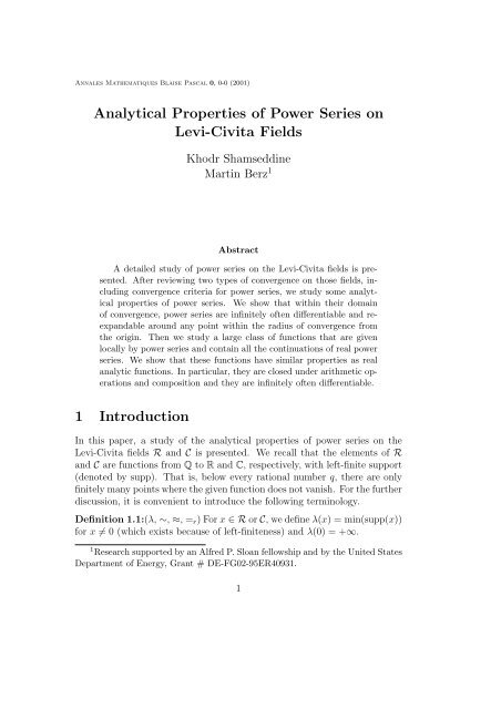 Analytical Properties of Power Series on Levi-Civita Fields 1 ...