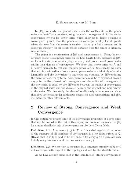 Analytical Properties of Power Series on Levi-Civita Fields 1 ...