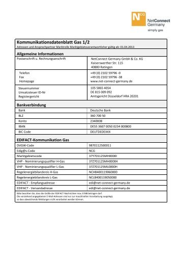 Kommunikationsdatenblatt Gas 1/2 - NetConnect Germany