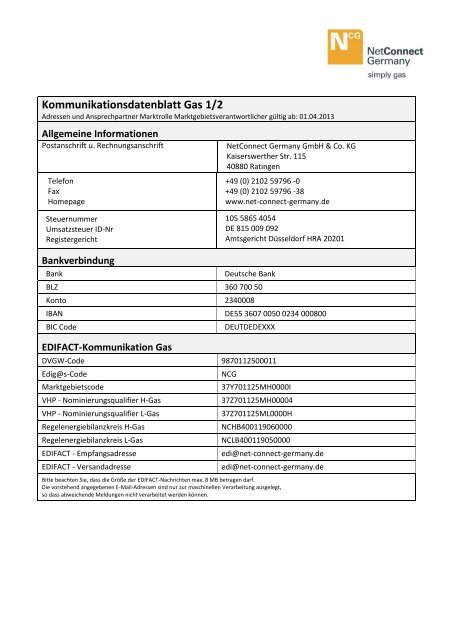 Kommunikationsdatenblatt Gas 1/2 - NetConnect Germany