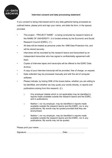 Example consent form: interviews in the workplace - UK Data Archive