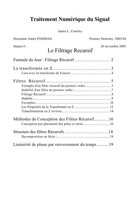 Traitement NumÃ©rique du Signal Le Filtrage Recursif - PRIMA