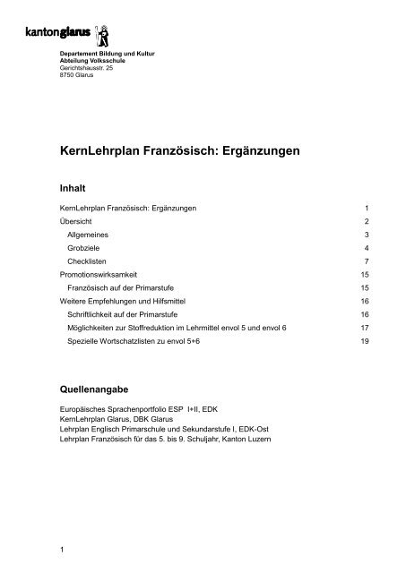 KernLehrplan FranzÃ¶sisch: ErgÃ¤nzungen - Kanton Glarus