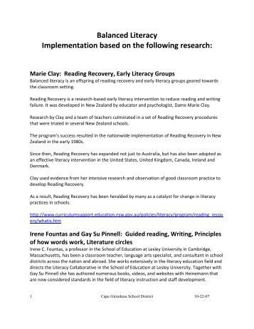 Balanced Literacy Implementation based on the following research: