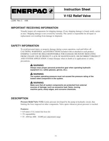 Instruction Sheet V-152 Relief Valve - Enerpac