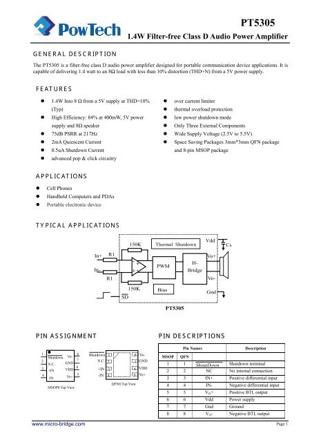 1.4W Filter-free Class D Audio Power Amplifier PT5305