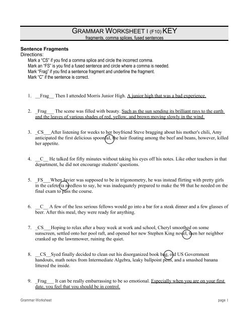 GRAMMAR WORKSHEET I (F10) KEY