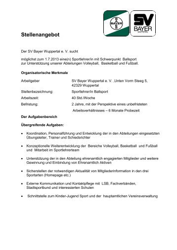 Stellenangebot - SV Bayer Wuppertal