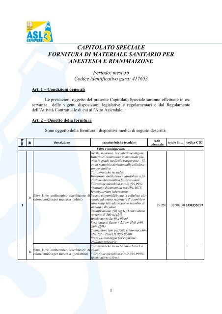 capitolato speciale fornitura di materiale sanitario per anestesia e ...