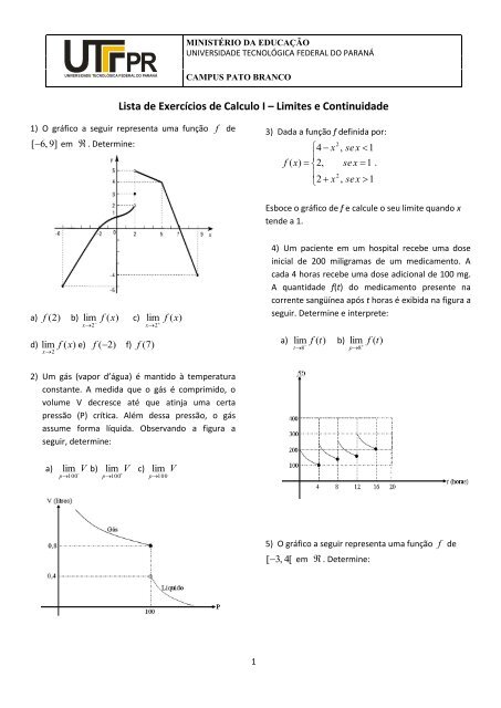 Lista de Exercícios de Calculo I – Limites e Continuidade - UTFPR