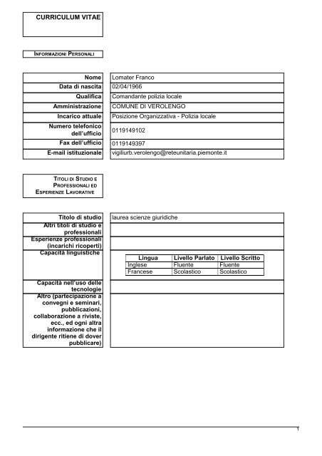 trattamento economico e curriculum vitae - Comune di Verolengo