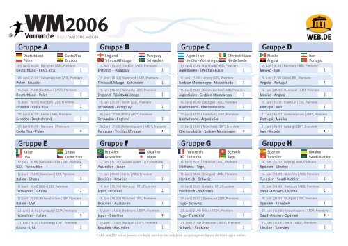 Spielplan Fußball-WM 2006 - Arcor.de