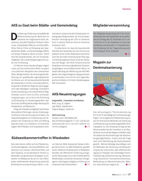 Ausgabe Oktober 2013 - Architektenkammer des Saarlandes