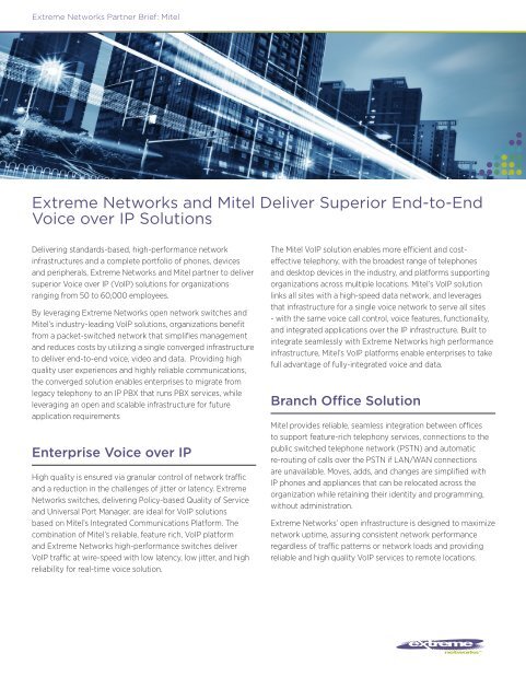 Extreme Networks and Mitel Deliver Superior End-to-End Voice over ...