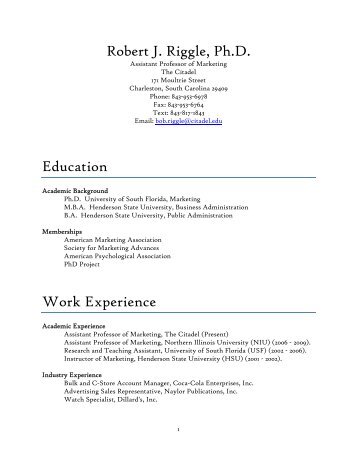 Robert J. Riggle, Ph.D. Education Work Experience - The Citadel