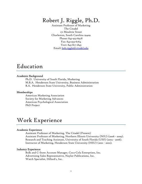 Robert J. Riggle, Ph.D. Education Work Experience - The Citadel