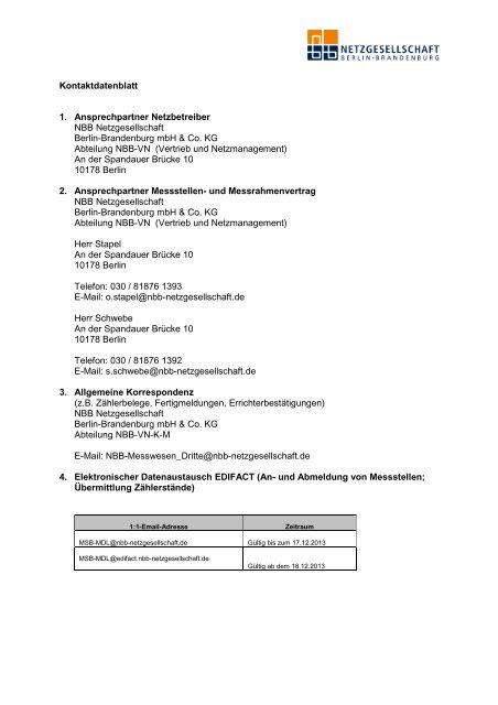 Kontaktdatenblatt 1. Ansprechpartner Netzbetreiber NBB ... - der NBB