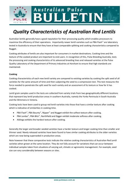 Quality characteristics of Lentils