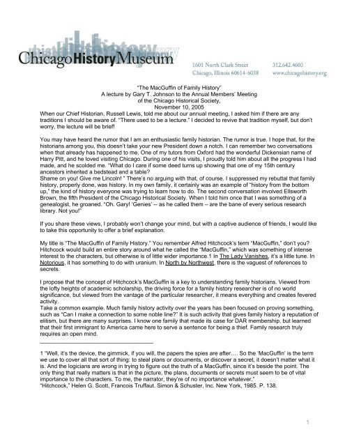 11 10 2005 Address To Chicago Historical Society Members Index Of