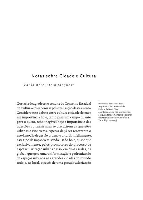 Políticas Culturais para as Cidades