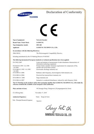 Declaration of Conformity - Samsung Techwin UK