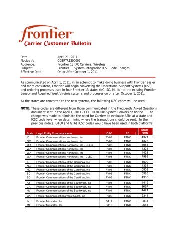 CCBFTR1300009: Frontier 13 System Integration ICSC Code ...