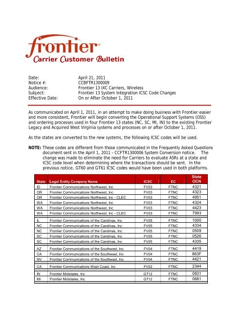 CCBFTR1300009: Frontier 13 System Integration ICSC Code ...