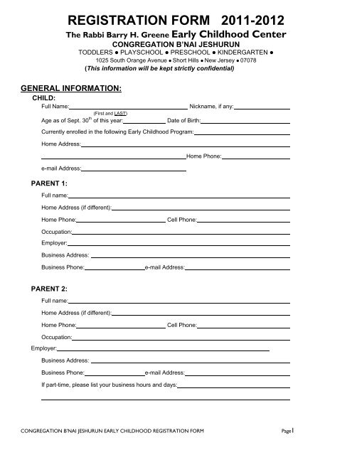 REGISTRATION FORM 2003-2004 - Temple B'nai Jeshurun