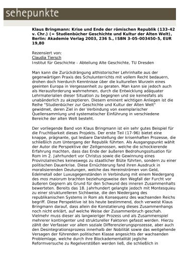 Klaus Bringmann: Krise und Ende der römischen ... - Sehepunkte
