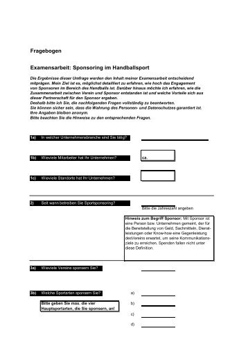 Fragebogen Examensarbeit: Sponsoring im Handballsport