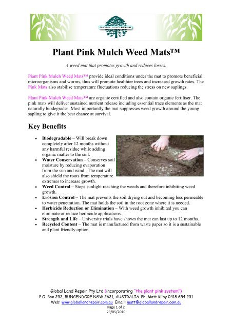 Global Land Repair Plant Pink Mulch Weed Mats Information Sheet
