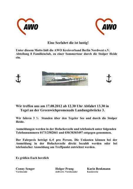 Eine Seefahrt die ist lustig Einladung Abt 8 zum 2012 - AWO Nordwest