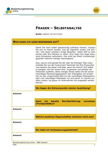 FRAGEN â SELBSTANALYSE - Bewerbungstraining Online