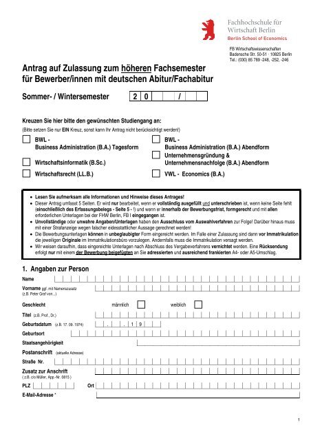 Antrag auf Zulassung zum höheren Fachsemester für Bewerber ...