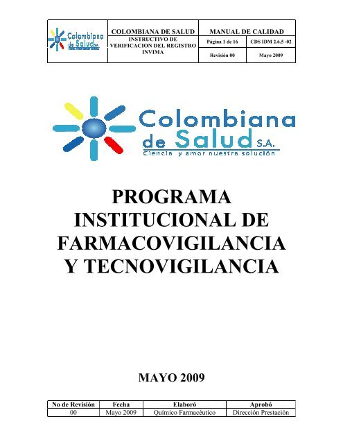 programa de farmacovigilancia y tecnovigilacia - Colombiana de ...